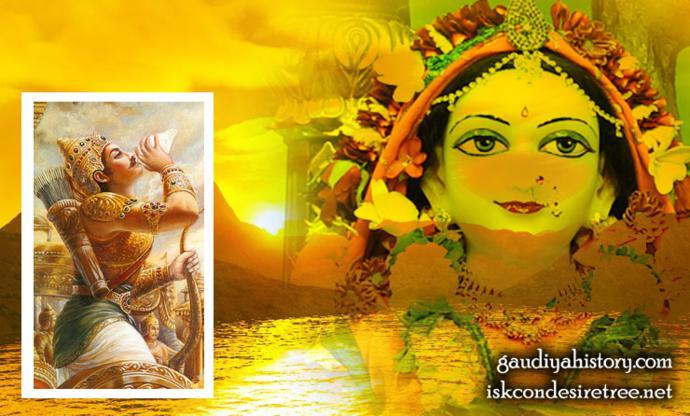 Composite devotional wallpaper: an inset painting of the warrior Arjuna sounding his conch on a chariot, beside a close-up deity image identified in the source caption as Sri Lalita Sakhi — illustrating the Gaura-ganoddesha-dipika's identif