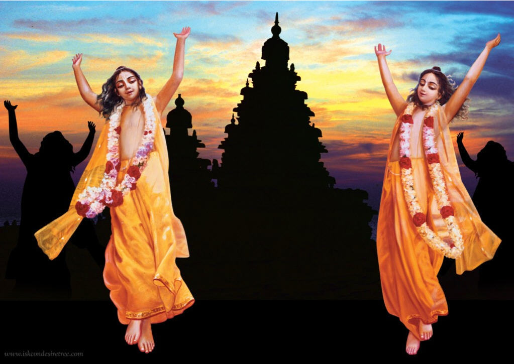 A devotional image of Sri Krishna Chaitanya, illustrating the Chaitanya-bhagavata's verse that the Supreme Lord remained in the womb of Srimati Sachi Devi before His appearance on the Phalguna full-moon night.