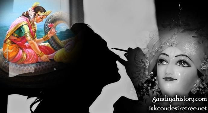 Composite devotional image pairing a painting of Srimati Lakshmi Devi with a silhouette of an artist applying makeup to an actress, evoking the costume and makeup preparations Sadashiva Pandit and Buddhimanta Khan made for Mahaprabhu's Vraj