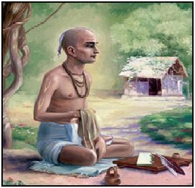 A devotional painting of Srila Sanatana Gosvami seated in a simple forest hermitage, cloth and manuscript pages beside him, evoking his decades of writing in Vrindavana.