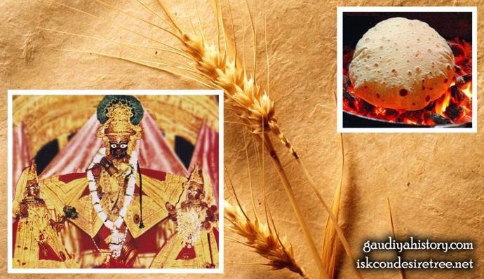 A composite devotional image pairing the Deity of Madana-mohana with wheat stalks and a bati bread baking on coals, evoking Sanatana Gosvami's practice of begging flour and baking a plain offering for his Deity.