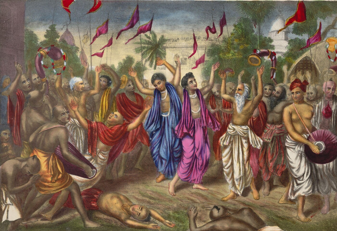 A 19th-century Calcutta Art Studio lithograph (via the British Library) of Sri Chaitanya Mahaprabhu and Nityananda Prabhu performing nagar-kirtana with dancing devotees in the streets of Nabadwip — illustrating the kind of sankirtana party 