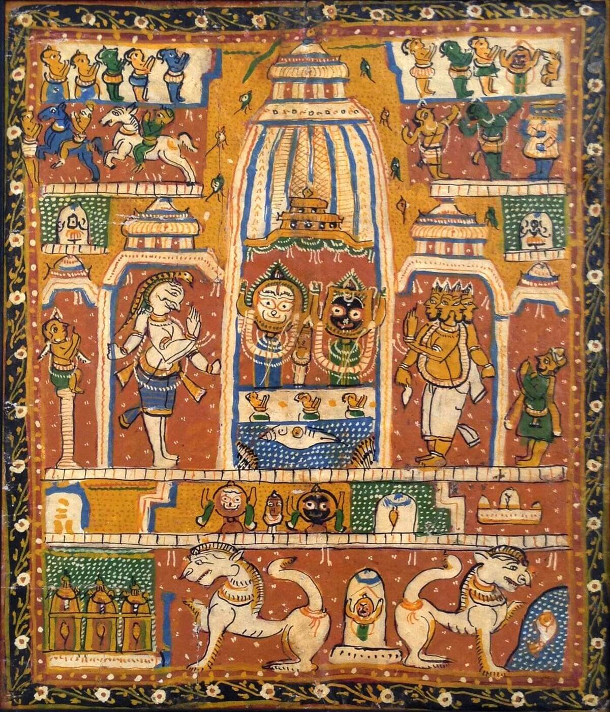 A 19th-century Odia pattachitra painting of the Jagannatha, Balabhadra and Subhadra Deities enshrined within the Jagannatha temple, the setting for Shikhi Mahiti's own dream of the Lord and his ranking among Mahaprabhu's three confidential