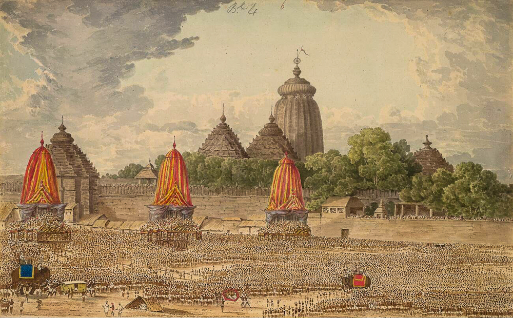 A historical painting of the Ratha-yatra procession and chariots at the Jagannatha Temple, Puri, in July 1818 — the same festival and destination that drew Shivananda Sena's pilgrimage party every year.