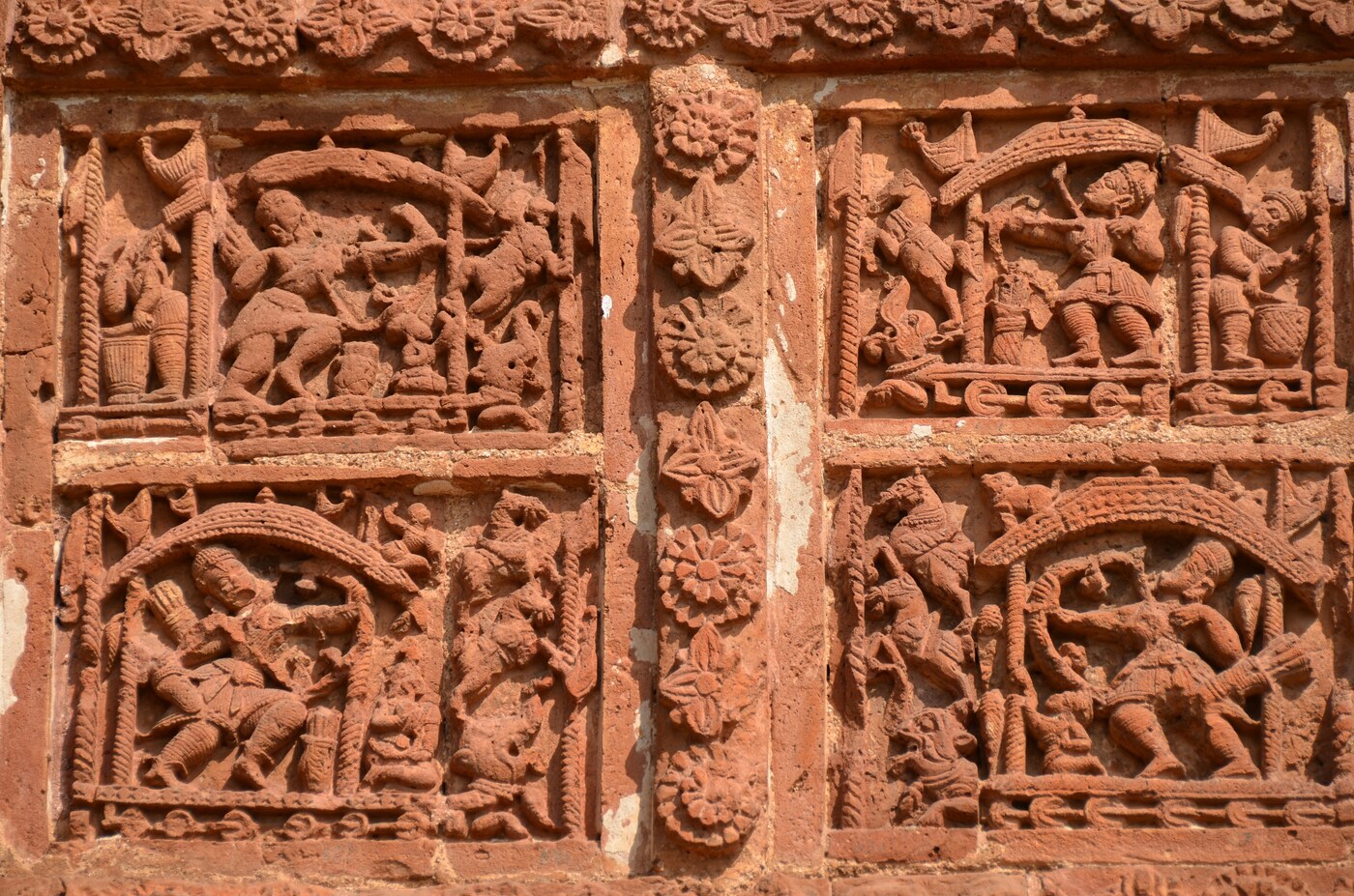 Terracotta temple wall, Jorbangla, Bishnupur - the Vaishnava temple architecture that flourished in Vira Hambira's former kingdom in the generations after his conversion