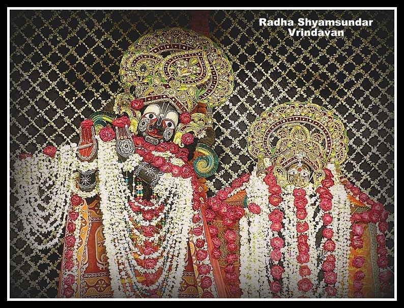 The Deities of Sri Sri Radha-Shyamsundar, decorated with flower garlands, on Their altar in Vrindavana — the Shyamsundar Deity received directly from Srimati Radharani's mercy, and the Radharani Deity later brought from the treasury of the