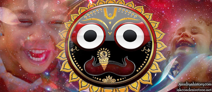 Devotional collage showing Lord Jagannatha's Deity face in close-up, evoking the Jagannatha Puri temple where Svarupa Damodara reunited with Sri Chaitanya Mahaprabhu.