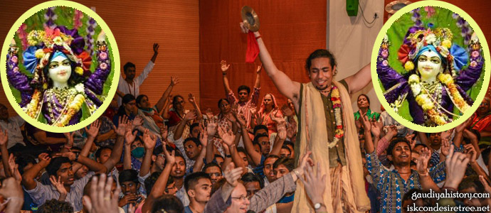 A devotional composite image of Sri Sri Gaura-Nitai and kirtana at ISKCON Pune, used as the header image on Gaudiya History's own biographical page for Tapana Mishra (not a historical depiction of the Varanasi household itself).