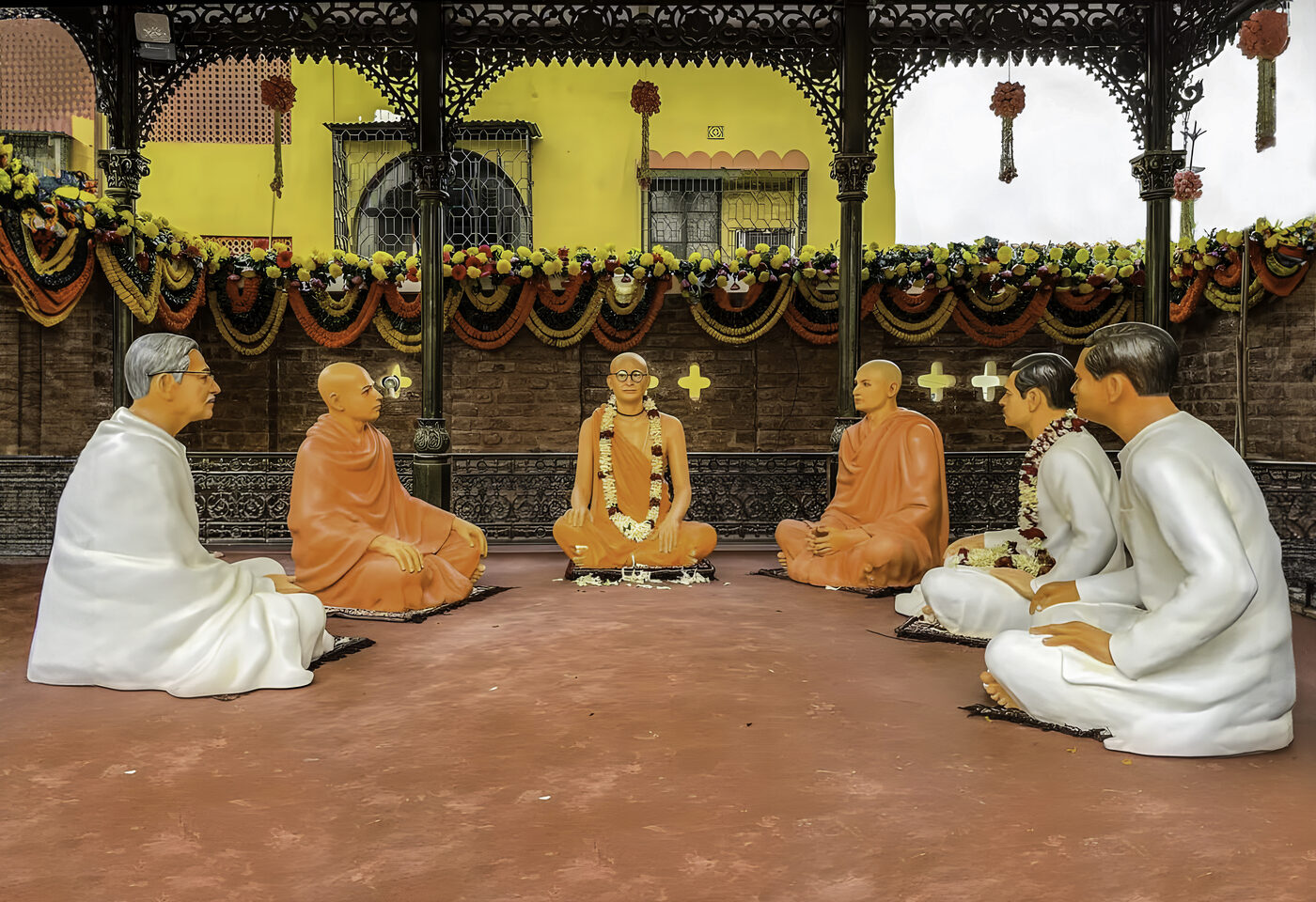 Modern memorial marking the spot of the first meeting between Bhaktisiddhanta Sarasvati and Abhay Charan De (now Bhaktivinode Asan, ISKCON Ultadanga, Kolkata) -- not a period photo of either figure