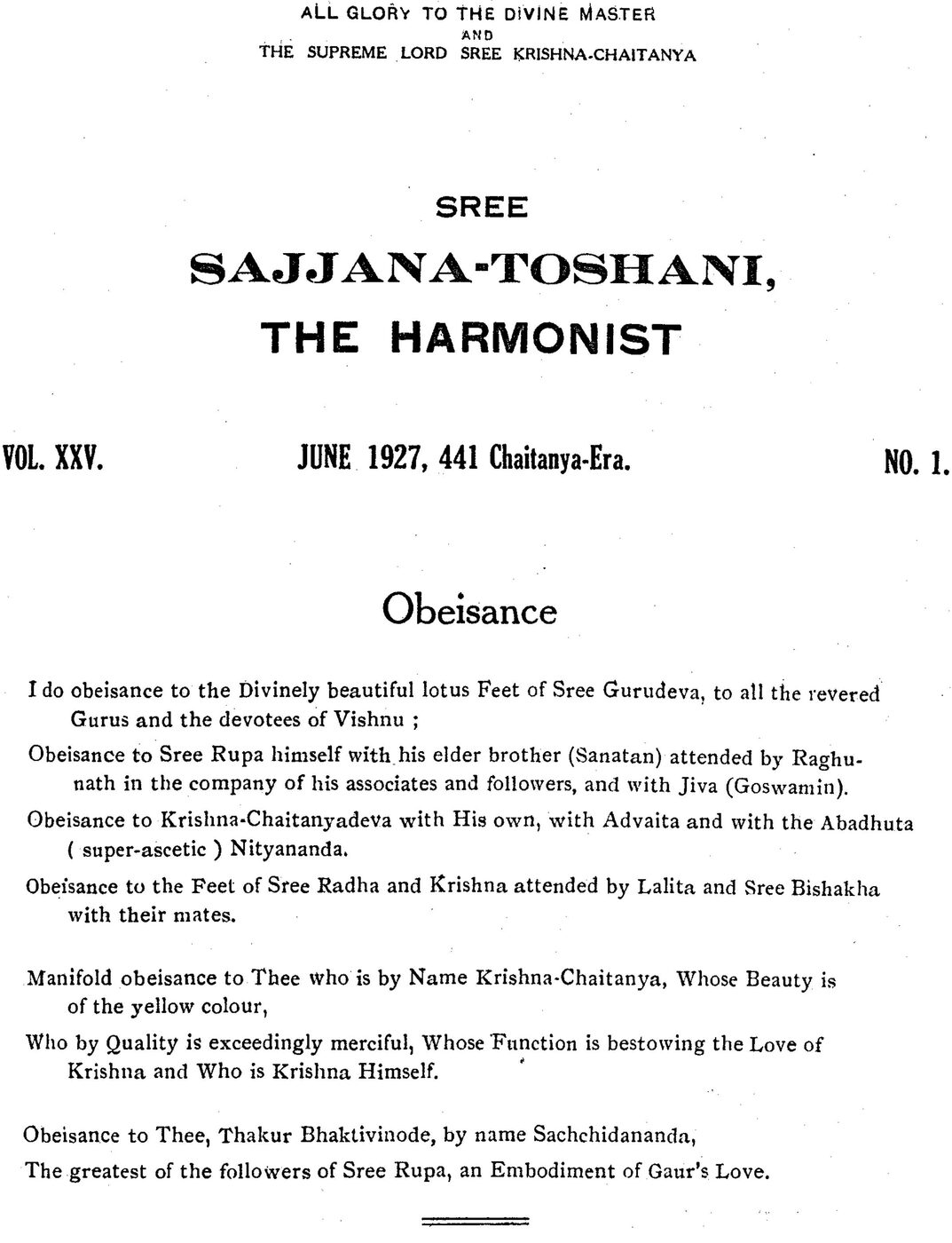 Front page of Sajjana Tosani, the Vaishnava journal founded by Bhaktivinoda Thakura, dated 1927 issue shown