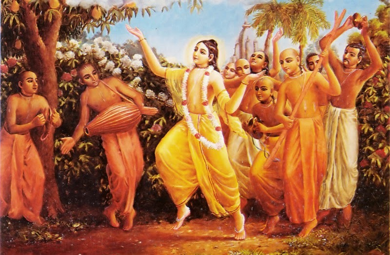 Devotional painting of Sri Chaitanya Mahaprabhu dancing in sankirtana with a small group of early associates in a Navadvipa forest setting, of the kind of gathering Vakresvara Pandita joined from the movement's earliest days.