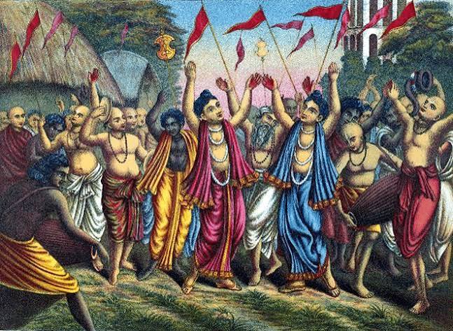 Vintage-style devotional lithograph of ecstatic kirtan dancers with raised flags, of the kind of scene still recalled on Vakresvara Pandita's appearance and disappearance days.
