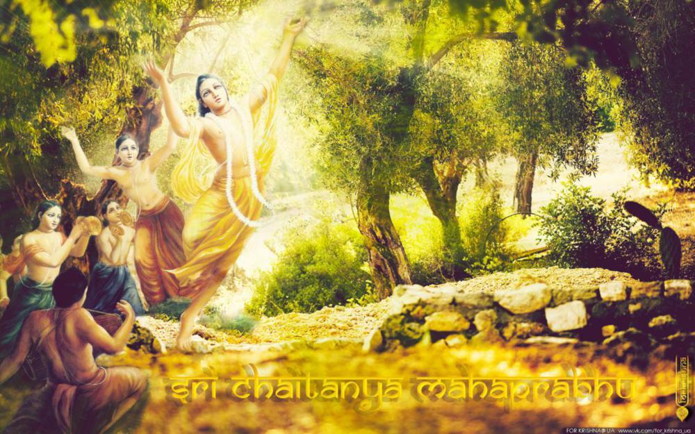 Sri Chaitanya Mahaprabhu dancing in ecstasy with Nityananda Prabhu and other devotees during sankirtana, illustrating the kirtan of the three Ghosh brothers described in Chaitanya-bhagavata 1.15.115.