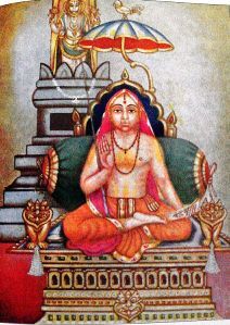A traditional devotional depiction of Sri Vyasa Tirtha seated on a throne in saffron sannyasi robes