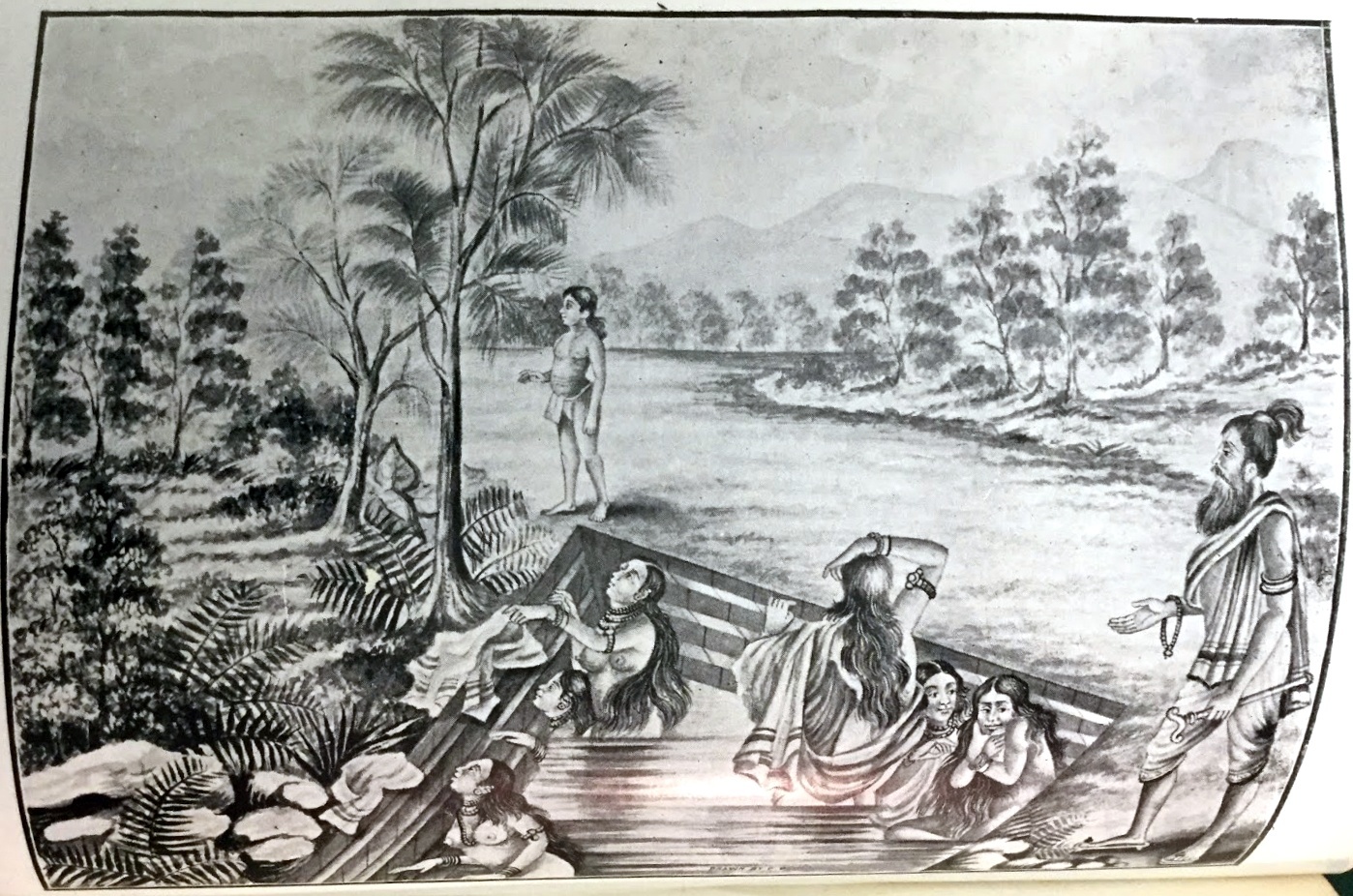 Traditional illustration of the episode in which bathing women covered themselves for Vyasadeva but not for his son Shukadeva Goswami, illustrating Srimad-Bhagavatam 1.4.5.